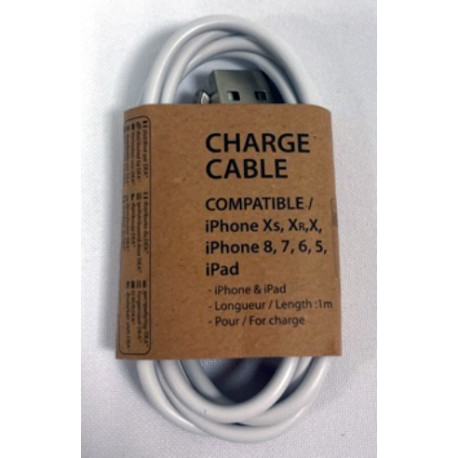 CABLE IPHONE X8 7 6 SE IPAD 1 M BLANC