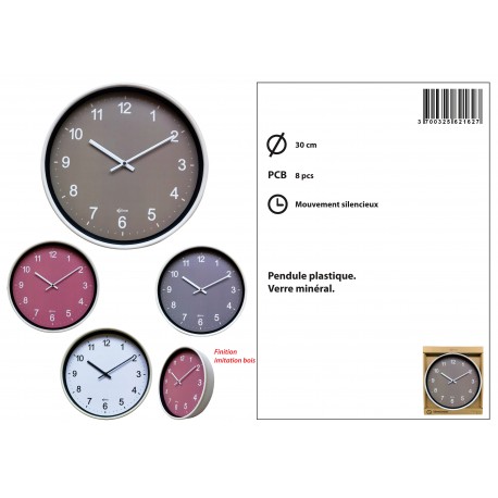 PENDULE PLASTIQUE DIAM 30 IMITATION BOIS SILENC