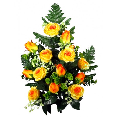 GERBE ROSES ET BOUTONS JAUNE ORANGER X14 EUCALY