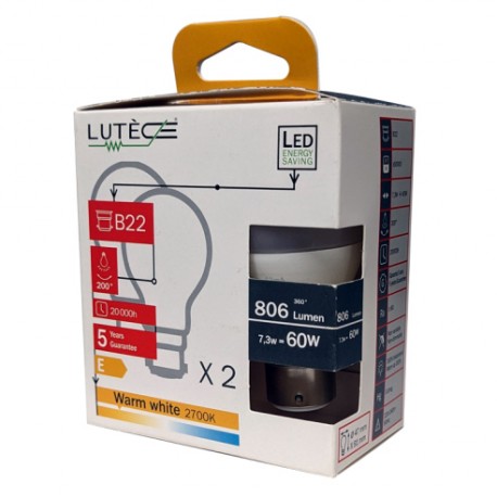 BL 2 AMPOULES LED B22 BOULE 7.3W 60W