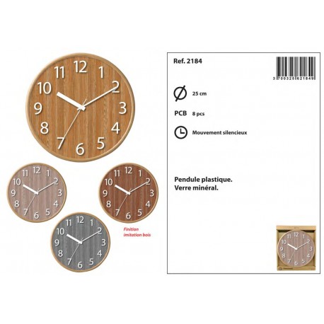 PENDULE PLASTIQUE RONDE D25CM IMITATION BOIS